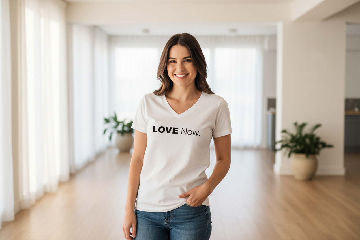 Hero banner with woman in white Love Now t-shirt