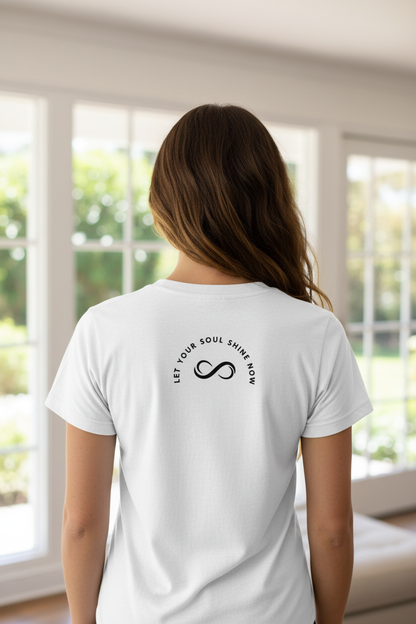 Woman showing back of t-shirt with logo