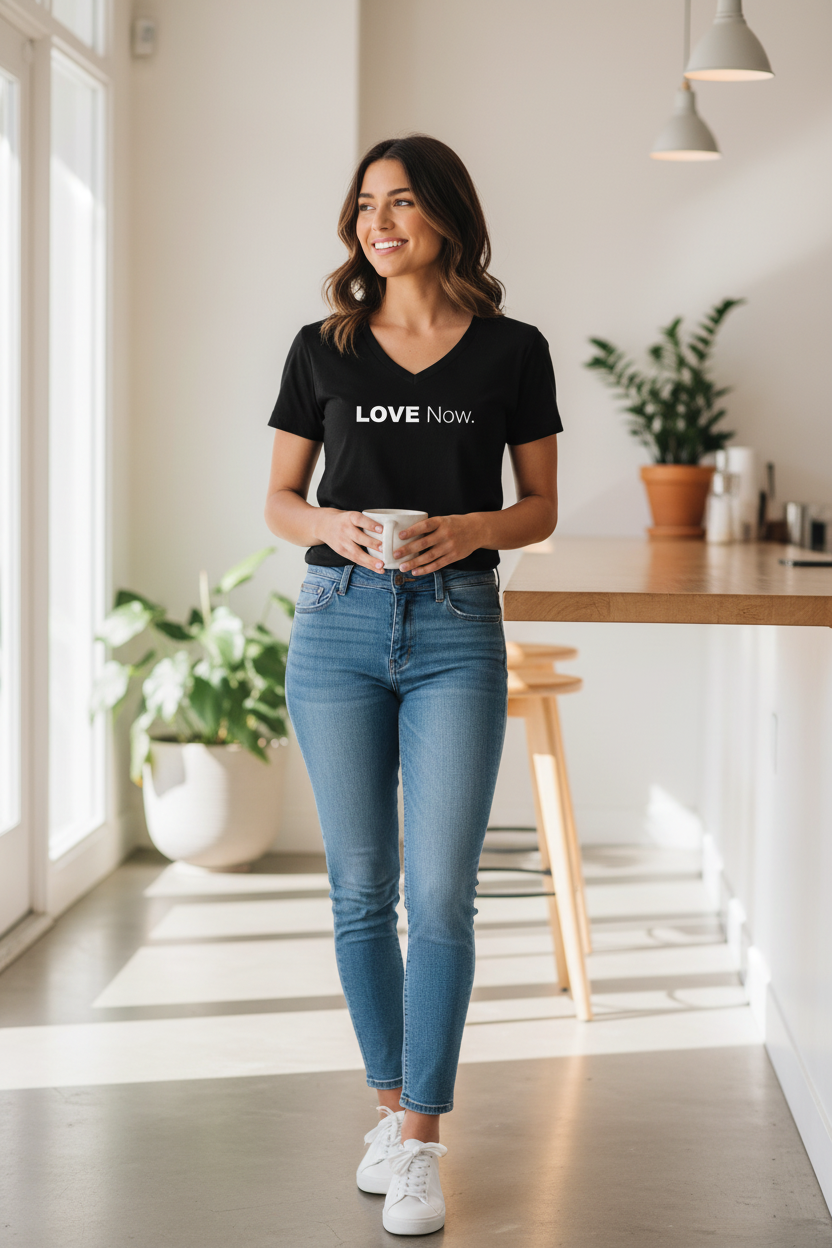 Woman wearing black Love Now t-shirt with smaller text
