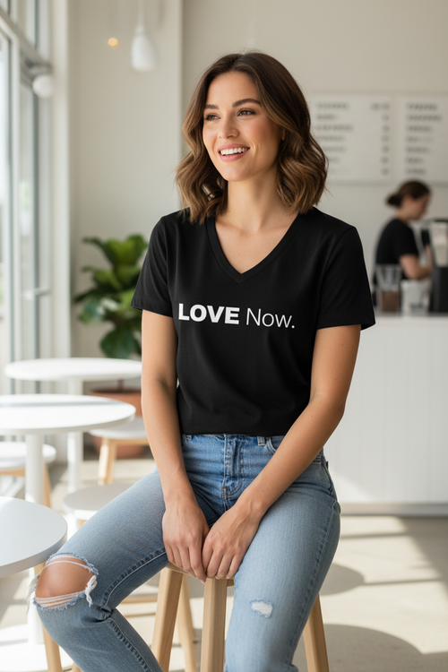 Woman wearing black Love Now t-shirt
