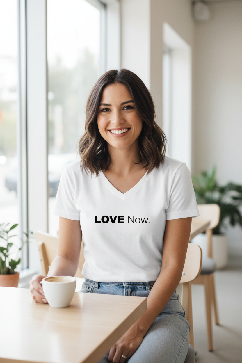 Woman wearing white Love Now t-shirt with smaller text