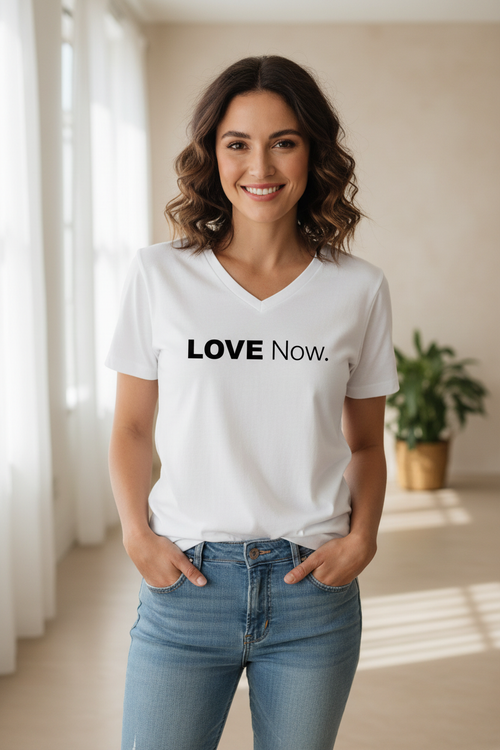 Woman wearing white Love Now t-shirt